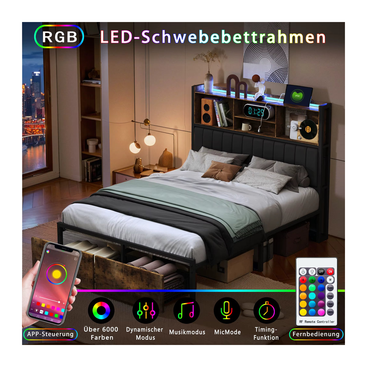 Rosahqnda Doppelbett aus Eisen mit LED, USB und Schubladen, gepolstertes Jugendbett mit Kopfteil aus PU, Farbe: Schwarz, B/T/H: 140 x 200 cm - Bild 3