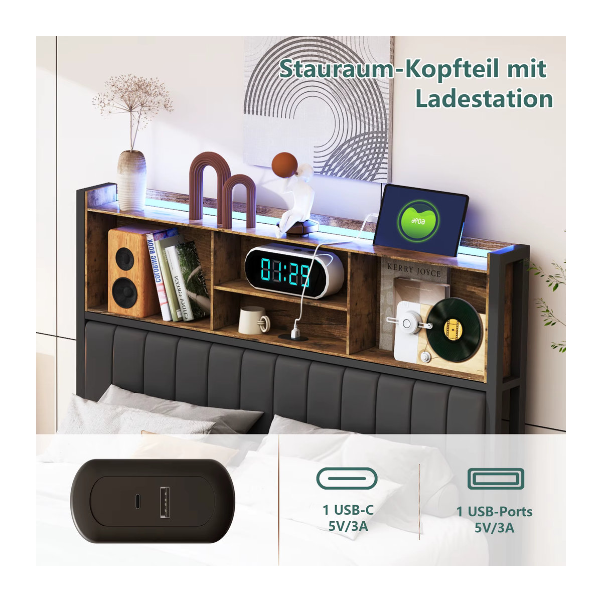 Rosahqnda Doppelbett aus Eisen mit LED, USB und Schubladen, gepolstertes Jugendbett mit Kopfteil aus PU, Farbe: Schwarz, B/T/H: 140 x 200 cm - Bild 4