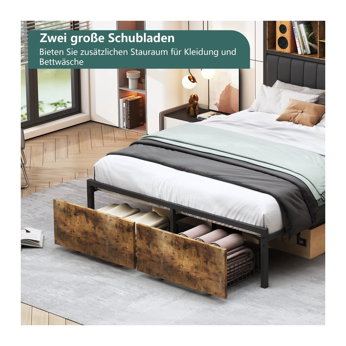 Rosahqnda Doppelbett aus Eisen mit LED, USB und Schubladen, gepolstertes Jugendbett mit Kopfteil aus PU, Farbe: Schwarz, B/T/H: 140 x 200 cm - Bild 5