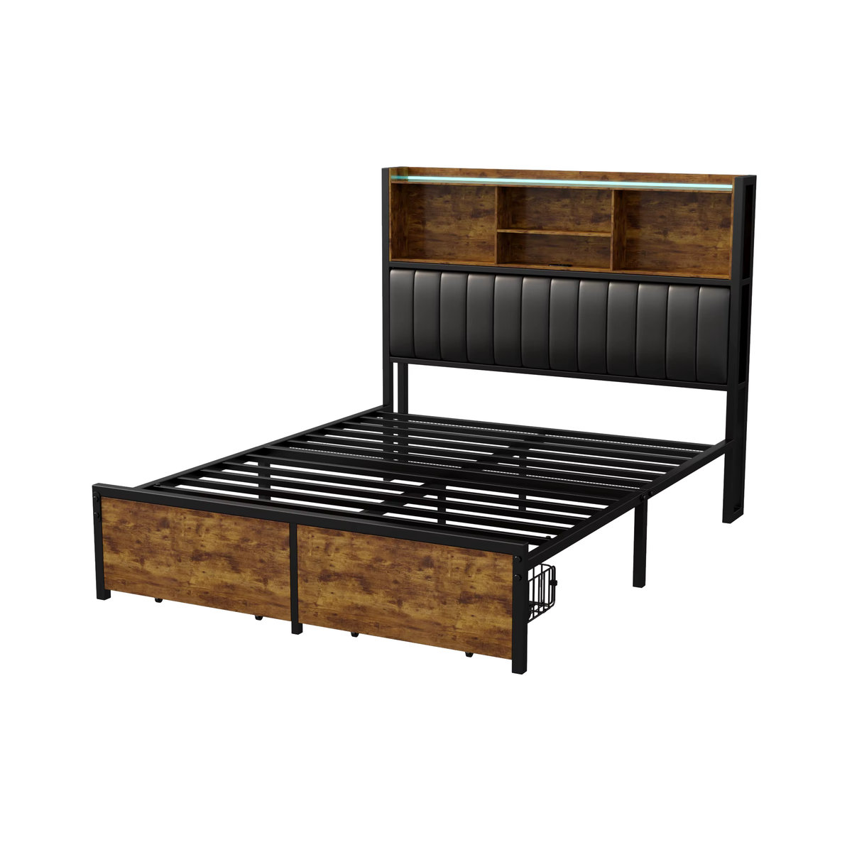 Rosahqnda Doppelbett aus Eisen mit LED, USB und Schubladen, gepolstertes Jugendbett mit Kopfteil aus PU, Farbe: Schwarz, B/T/H: 140 x 200 cm - Bild 6