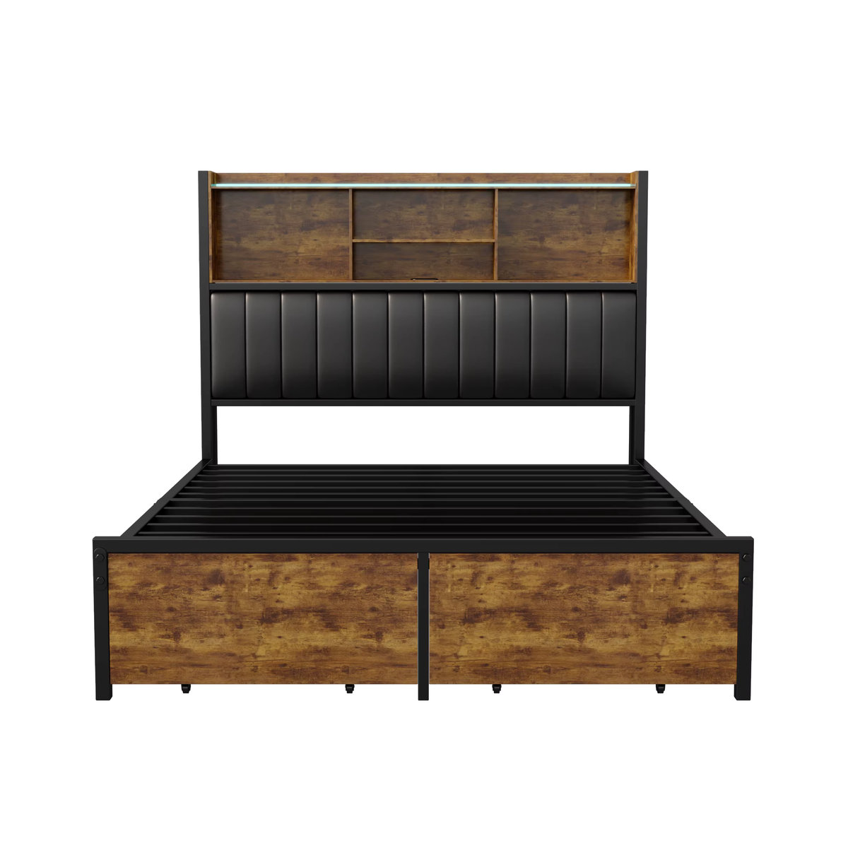 Rosahqnda Doppelbett aus Eisen mit LED, USB und Schubladen, gepolstertes Jugendbett mit Kopfteil aus PU, Farbe: Schwarz, B/T/H: 140 x 200 cm - Bild 7