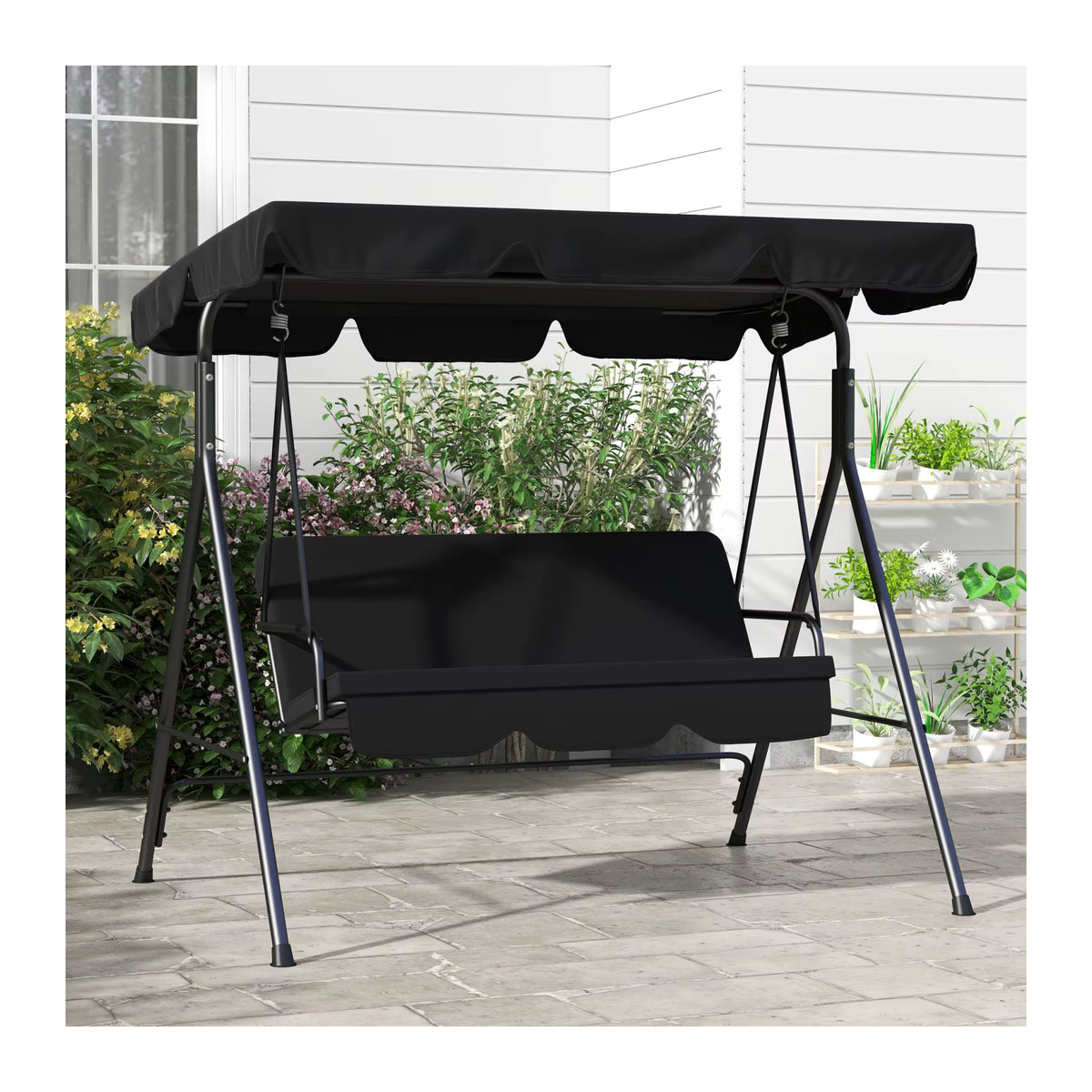 Rosahqnda Hollywoodschaukel 3-Sitzer Gartenschaukel mit verstellbarem Dach aus Stahl, Schwarz - Bild 2