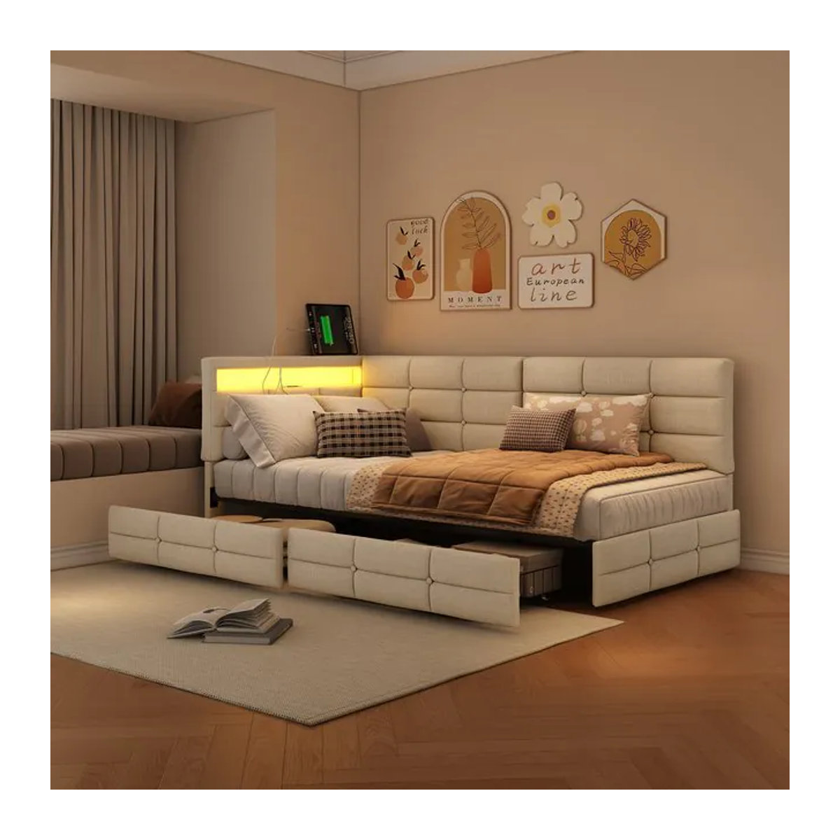 Rosahqnda Polster-Schlafsofa als Einzelbett mit 2 Schubladen, LED-Beleuchtung und USB-Ladestation, B/T/H: 90 x 200 cm, Beige/Weiß - Bild 1