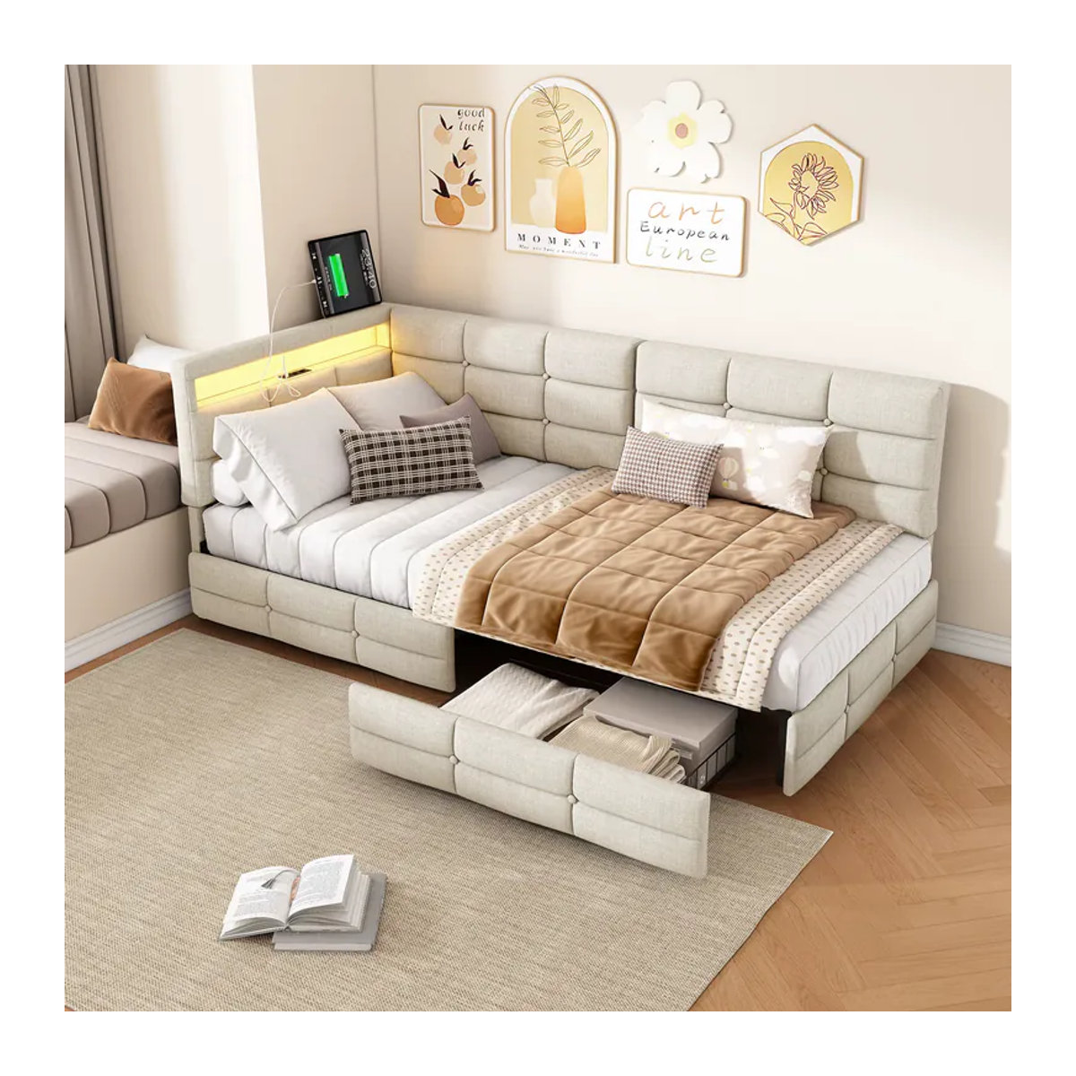 Rosahqnda Polster-Schlafsofa als Einzelbett mit 2 Schubladen, LED-Beleuchtung und USB-Ladestation, B/T/H: 90 x 200 cm, Beige/Weiß - Bild 2