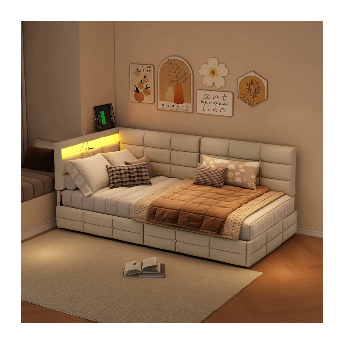 Rosahqnda Polster-Schlafsofa als Einzelbett mit 2 Schubladen, LED-Beleuchtung und USB-Ladestation, B/T/H: 90 x 200 cm, Beige/Weiß - Bild 3