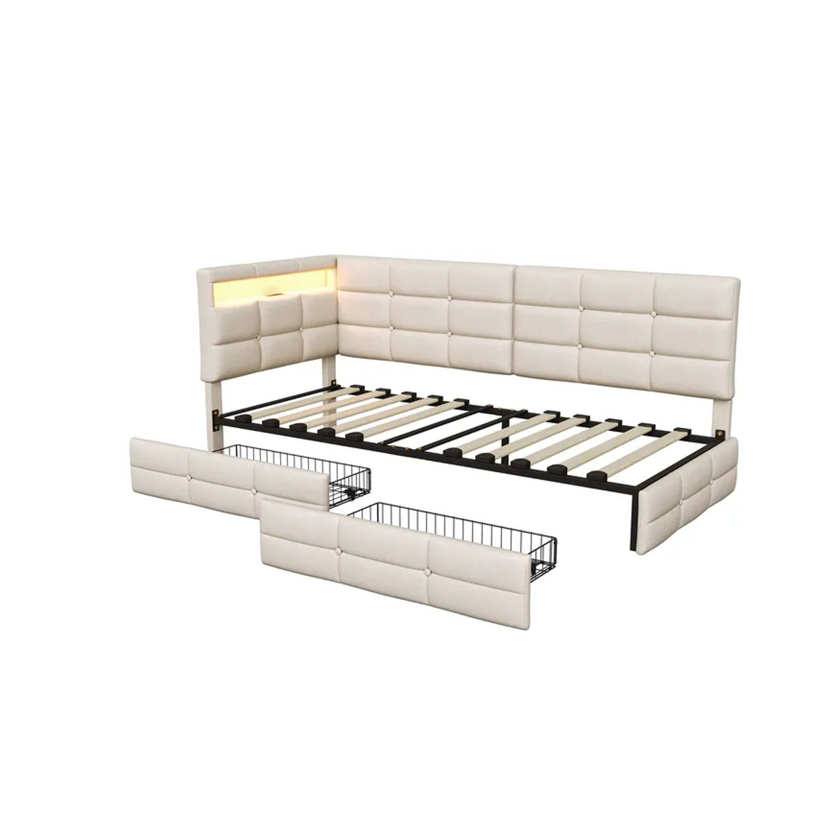 Rosahqnda Polster-Schlafsofa als Einzelbett mit 2 Schubladen, LED-Beleuchtung und USB-Ladestation, B/T/H: 90 x 200 cm, Beige/Weiß - Bild 4