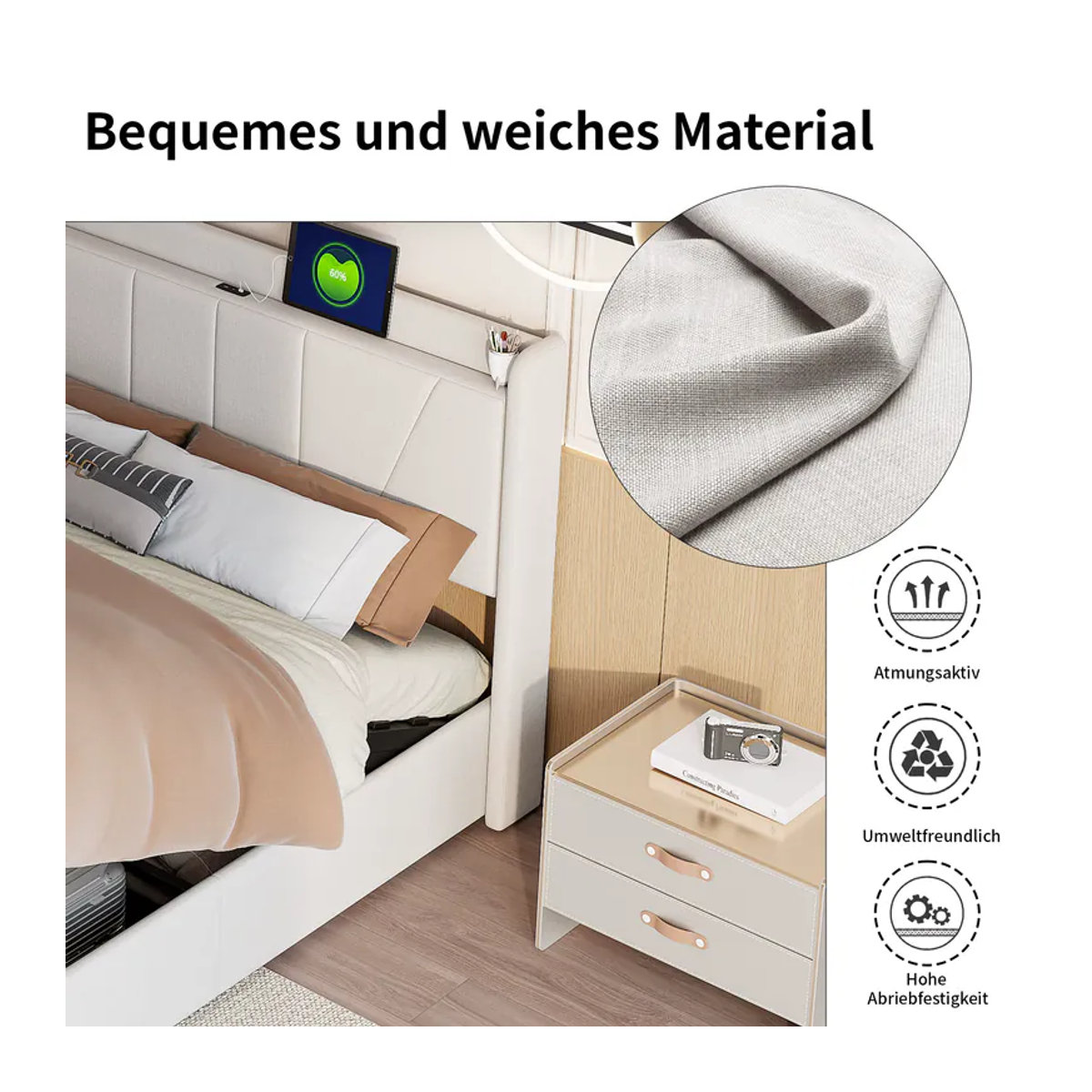 Rosahqnda Polsterbett mit LED-Beleuchtung, USB/Typ-C Anschlüssen und Stauraum, B/T/H: 140 x 200 cm - Bild 4