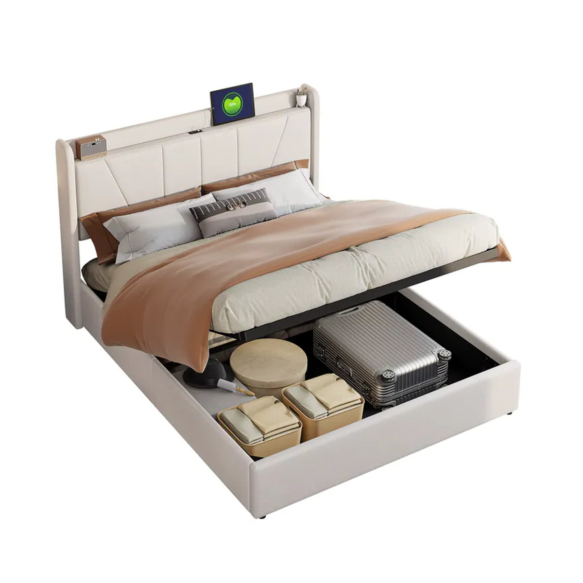 Rosahqnda Polsterbett mit LED-Beleuchtung, USB/Typ-C Anschlüssen und Stauraum, B/T/H: 140 x 200 cm - Bild 5