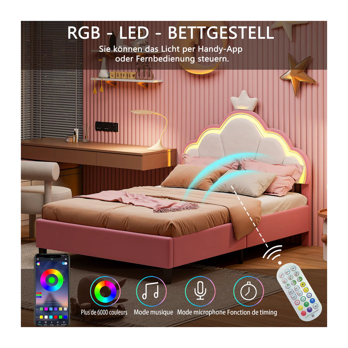 Rosahqnda Prinzessinnenbett in Kronenform für Kinder in Rosa mit verstellbarem Kopfteil, B/T/H: 200 x 90 x 90 cm - Bild 2