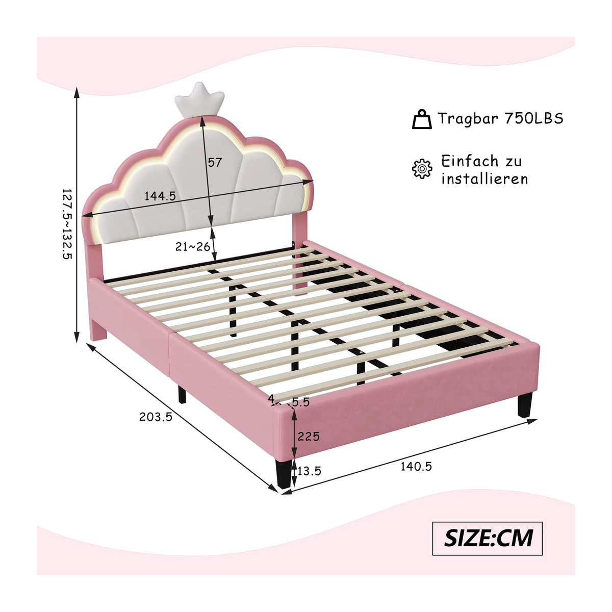 Rosahqnda Prinzessinnenbett in Kronenform für Kinder in Rosa mit verstellbarem Kopfteil, B/T/H: 200 x 90 x 90 cm - Bild 3