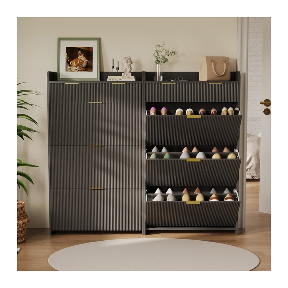 Rosahqnda Schuhschrank Modern mit Falttüren und Schubladen für den Eingangsbereich in Rosa, Weiß oder Anthrazit - Bild 1