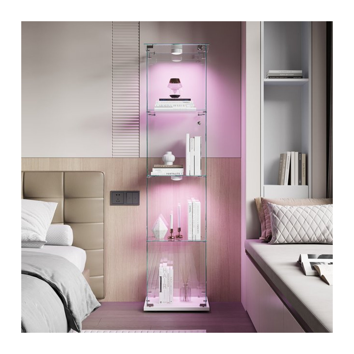 Rosahqnda Vitrinenschrank aus Glas mit LED-Beleuchtung und Schloss, moderner Glasschrank mit 3 Ebenen in Schwarz oder Weiß - Bild 1