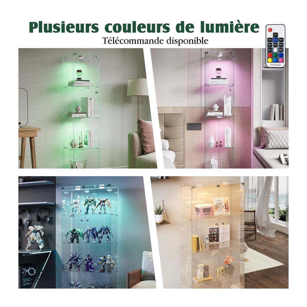 Rosahqnda Vitrinenschrank aus Glas mit LED-Beleuchtung und Schloss, moderner Glasschrank mit 3 Ebenen in Schwarz oder Weiß - Bild 2