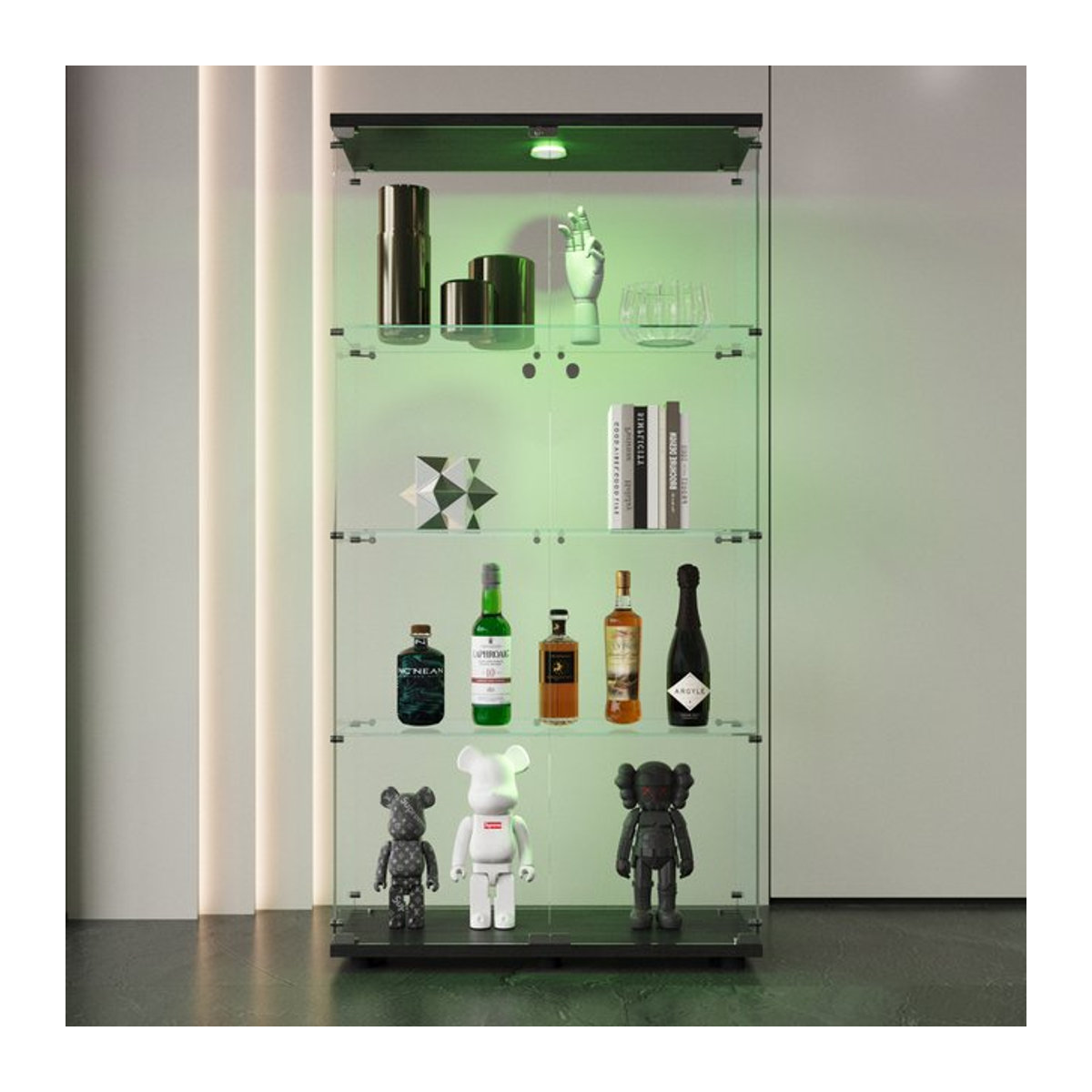 Rosahqnda Vitrinenschrank mit 4 Ebenen aus Glas, modern mit Beleuchtung und Schloss, Schwarz/Weiß - Bild 1