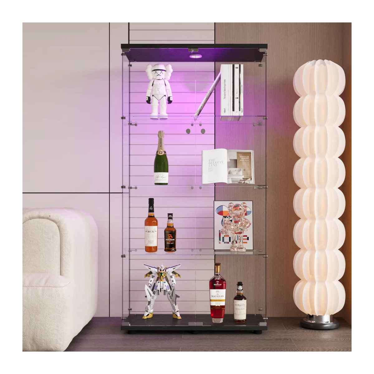 Rosahqnda Vitrinenschrank mit 4 Ebenen aus Glas, modern mit Beleuchtung und Schloss, Schwarz/Weiß - Bild 5
