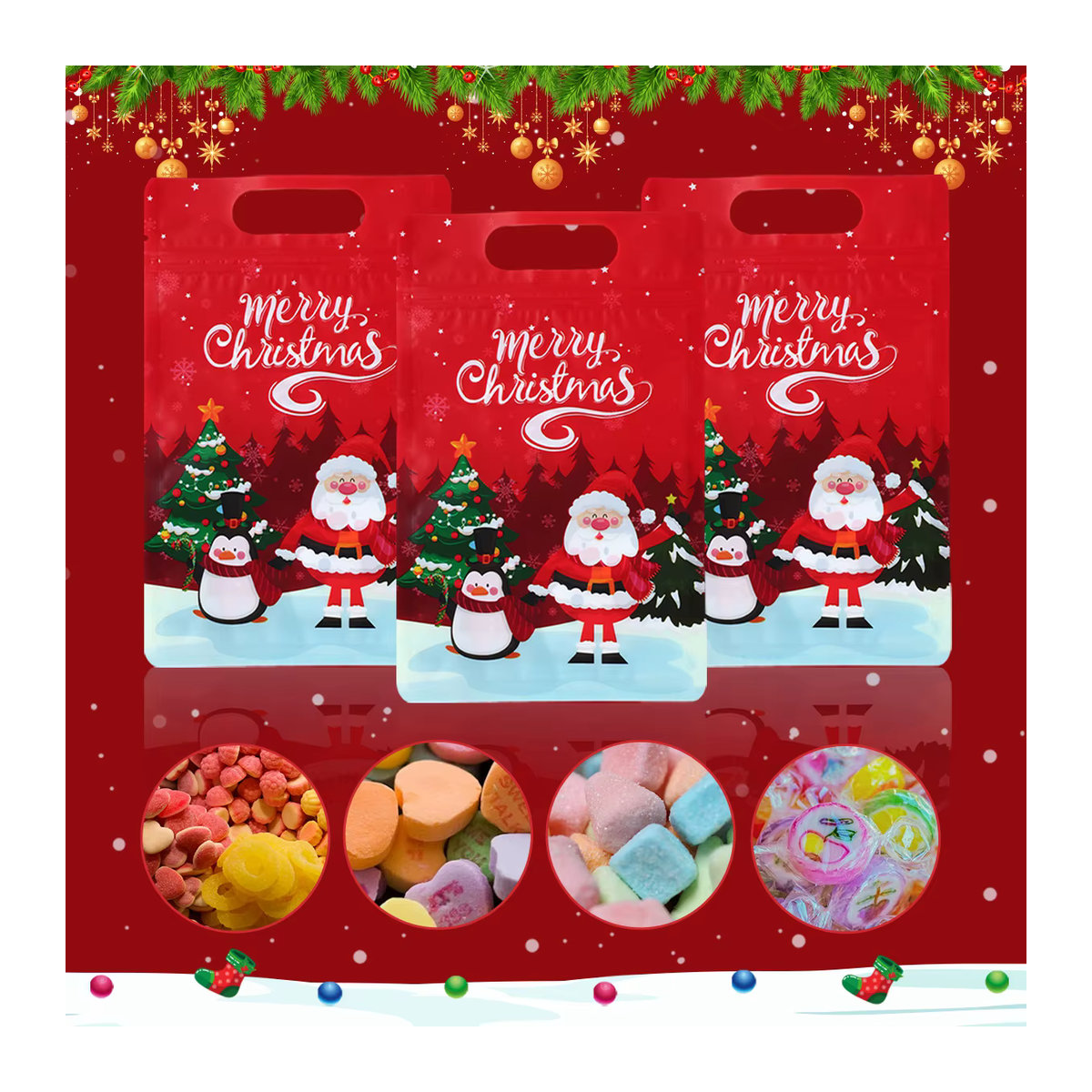 Rote Weihnachts-Bonbonbeutel mit Weihnachtsmann-Motiv als Weihnachtsdekoration und Geschenkbeutel für Weihnachten und Neujahr - Bild 3