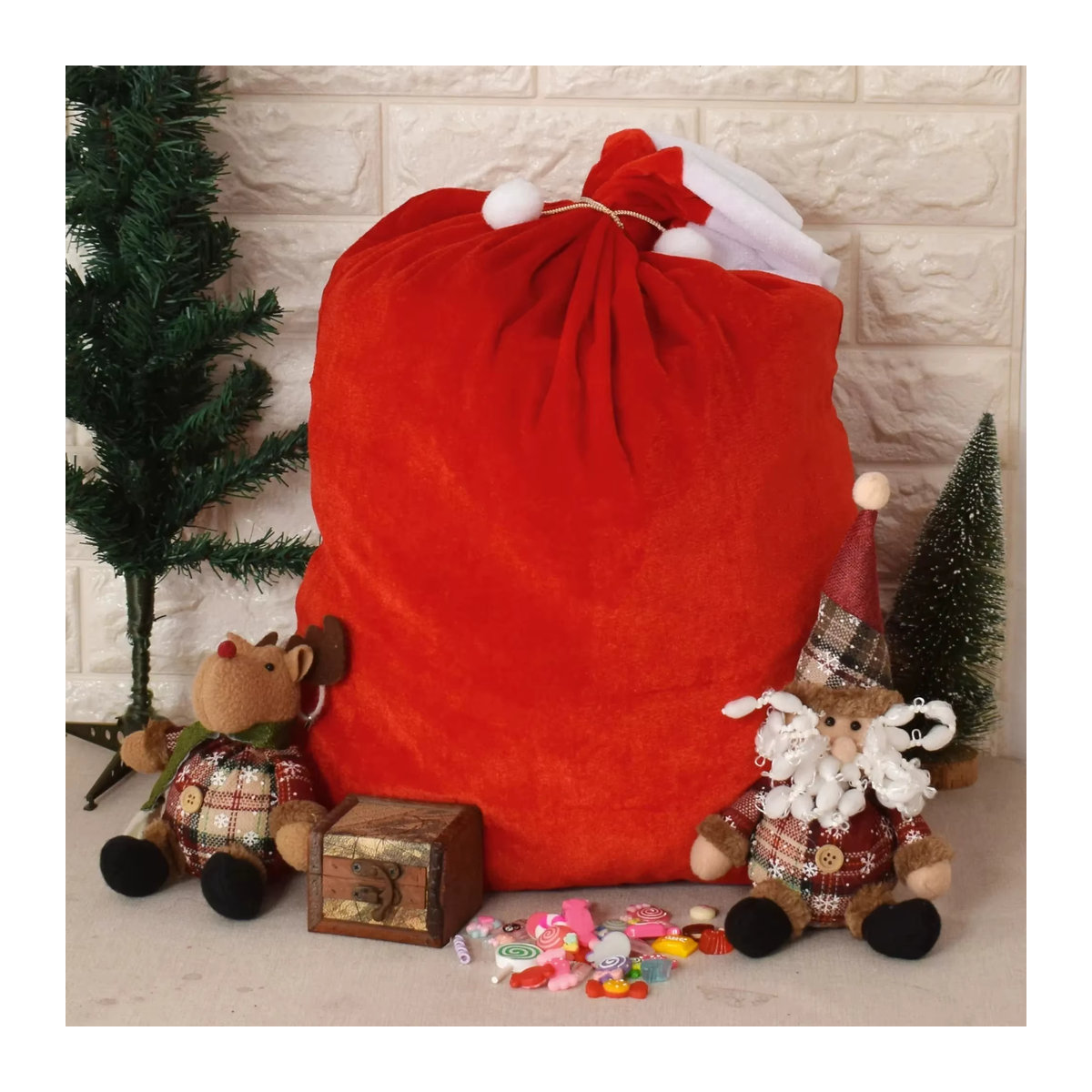 Roter Weihnachts-Geschenksack aus Samt mit Kordelzug für Kinder und Dekoration, B: 70 cm, H: 50 cm - Bild 3