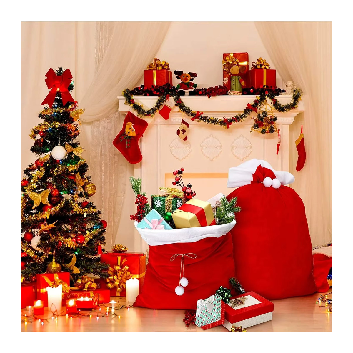 Roter Weihnachts-Geschenksack aus Samt mit Kordelzug für Kinder und Dekoration, B: 70 cm, H: 50 cm - Bild 4