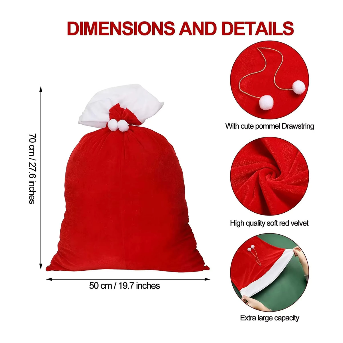 Roter Weihnachts-Geschenksack aus Samt mit Kordelzug für Kinder und Dekoration, B: 70 cm, H: 50 cm - Bild 5