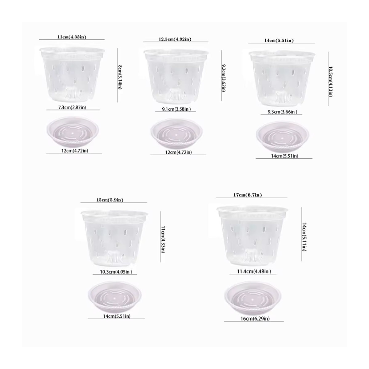 ROURKE Orchideen-Blumentöpfe aus transparentem Kunststoff mit Tabletts, 5er Set, atmungsaktiv mit seitlichen Löchern, Durchmesser: 11 cm, 12,5 cm, 14 cm, 15 cm und 17 cm - Bild 2