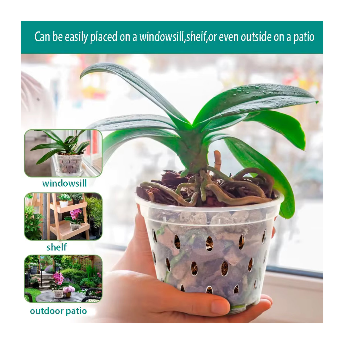 ROURKE Orchideen-Blumentöpfe aus transparentem Kunststoff mit Tabletts, 5er Set, atmungsaktiv mit seitlichen Löchern, Durchmesser: 11 cm, 12,5 cm, 14 cm, 15 cm und 17 cm - Bild 6