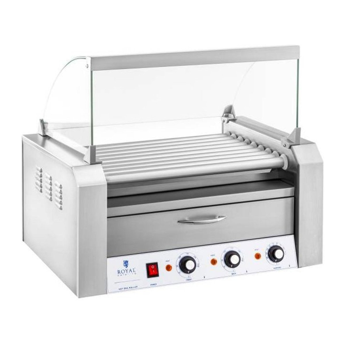 Royal Catering Grillrolle mit Haube und Brötchenwärmeschublade für 16 HotDog-Würstchen 2200W 230V - Bild 1