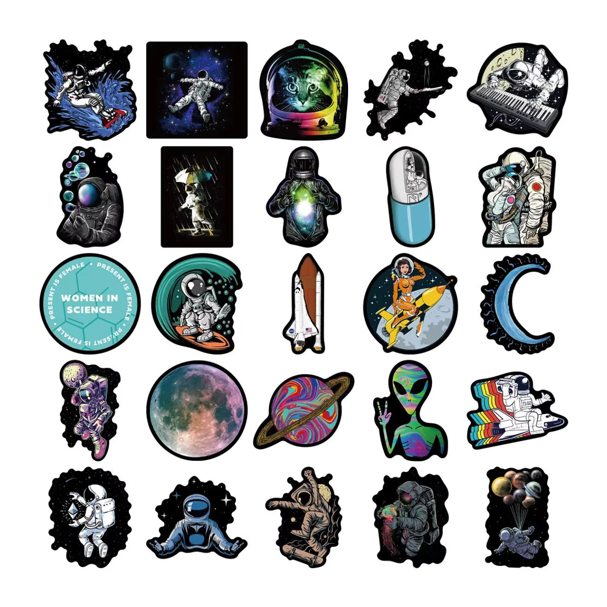 Rspctou Weltraum Astronaut Graffiti Aufkleber Set, mehrfarbig, wasserfeste PVC Sticker für Skateboard, Kühlschrank und Gepäck - Bild 6