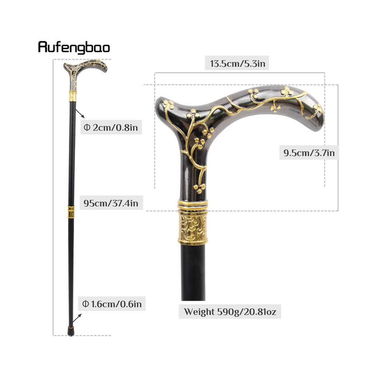 Rufengbao Dekorativer Gehstock mit floralem Pflaumenblüten-Design in Gold und Schwarz, Vintage Mode-Stock für Cosplay, Höhe: 93 cm - Bild 6