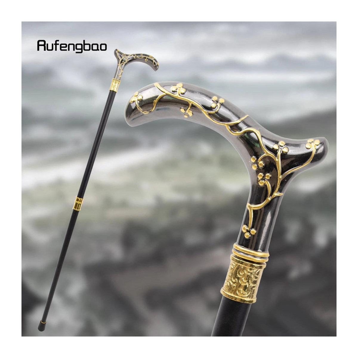 Rufengbao Dekorativer Gehstock mit floralem Pflaumenblüten-Design in Gold und Schwarz, Vintage Mode-Stock für Cosplay, Höhe: 93 cm - Bild 7