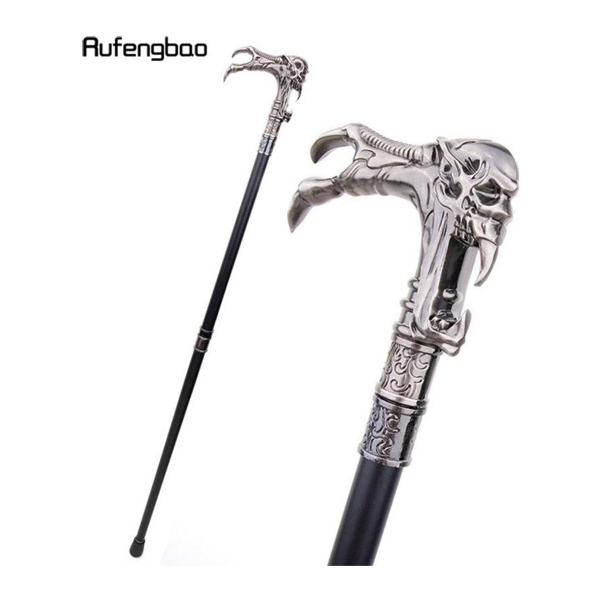 Rufengbao Dekorativer Gehstock mit Geisterschädelkopf in Schwarz und Silber, Vintage Cosplay Accessoire für Halloween, Höhe: 93 cm - Bild 1