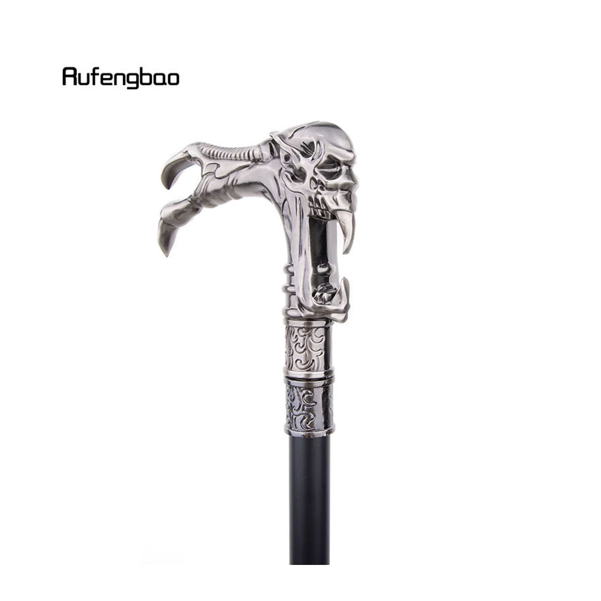 Rufengbao Dekorativer Gehstock mit Geisterschädelkopf in Schwarz und Silber, Vintage Cosplay Accessoire für Halloween, Höhe: 93 cm - Bild 2