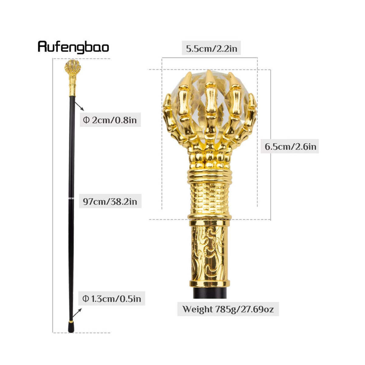 Rufengbao Steampunk Glaskugel-Dekorstab in Gold und Gelb, Vintage Gehstock aus Glas, Höhe: 91,4 cm - Bild 1