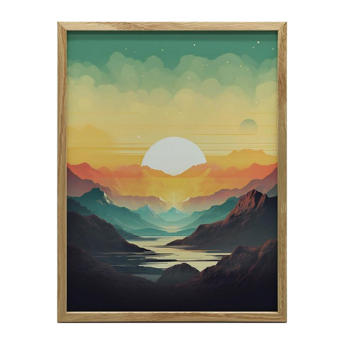 Ruhe der Bergpastelle Wandbild mit Berglandschaft im Holzrahmen Helle Eiche, B: 50 cm, H: 70 cm - Bild 1