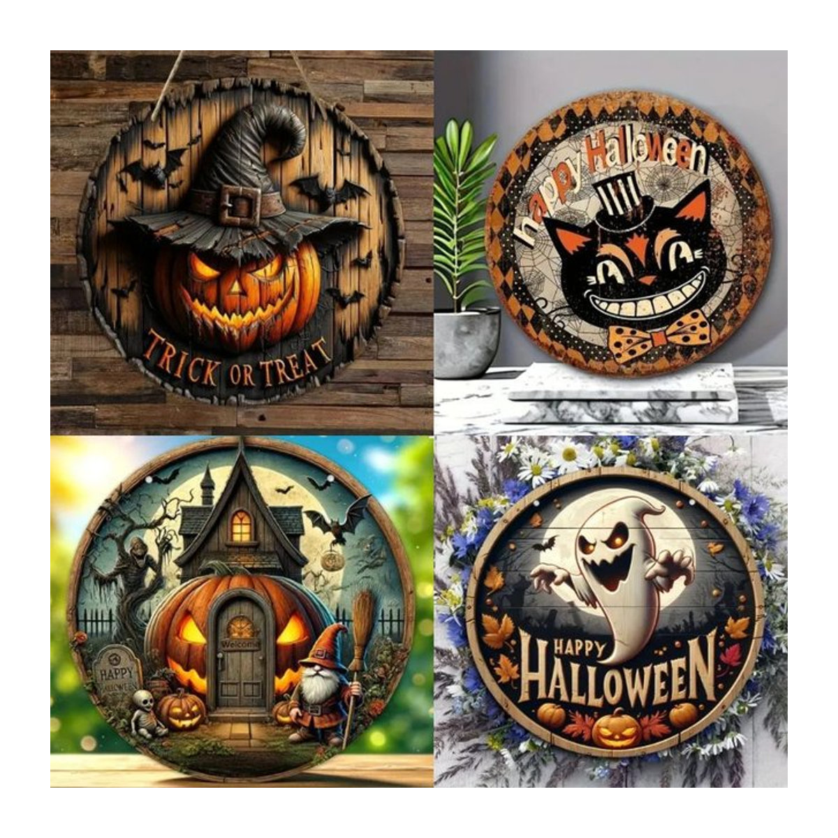 Runde Halloween Dekoration aus Holz mit Hexe als Türanhänger - Bild 1