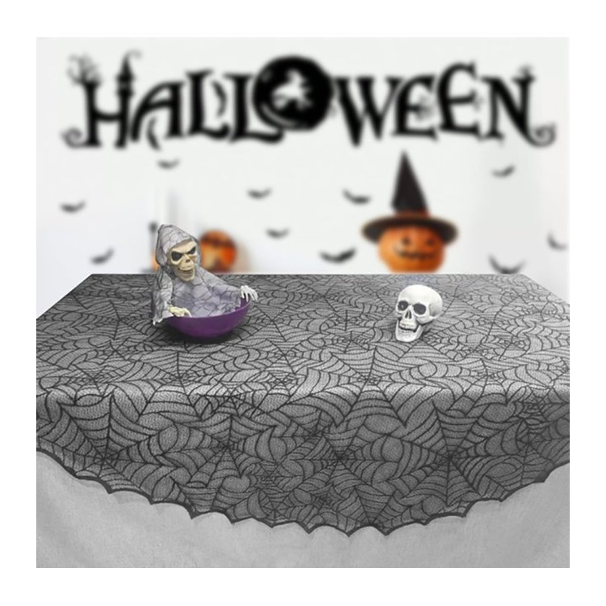 Runde Halloween Tischdecke mit Spinnennetz-Design in Schwarz - Bild 1