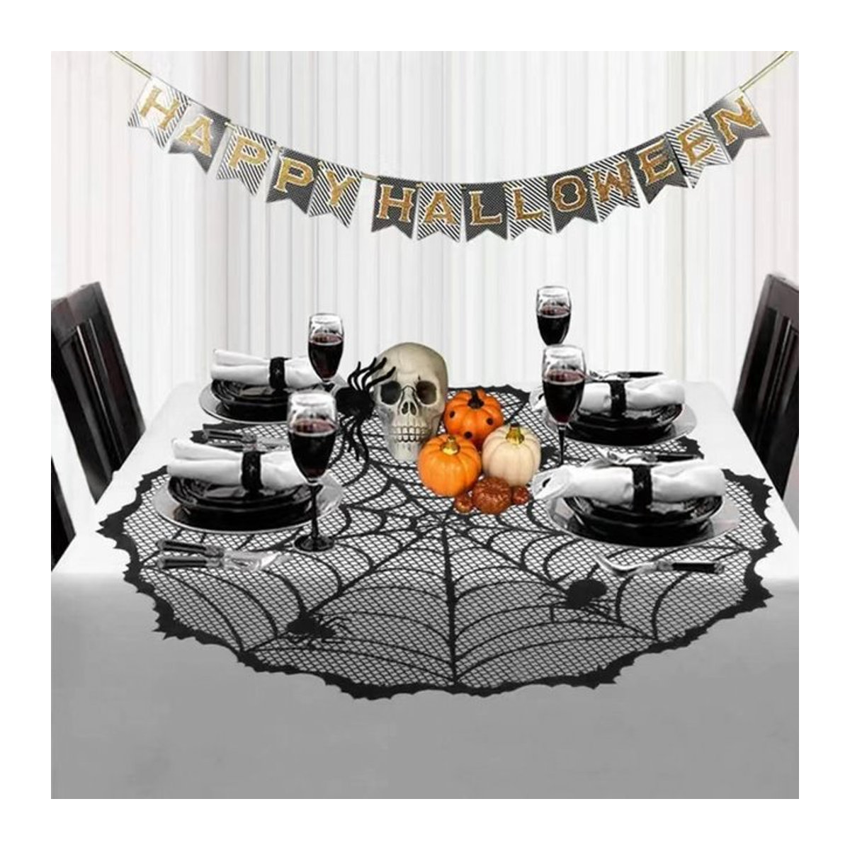 Runde Halloween Tischdecke mit Spinnennetz-Motiv in Schwarz, Durchmesser: 102 cm - Bild 1