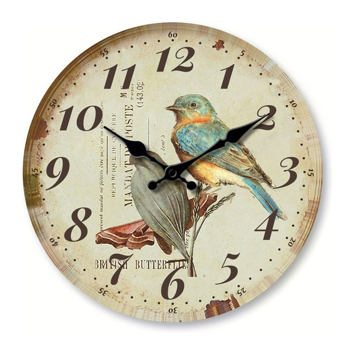 Runde Holz-Wanduhr im Landhausstil mit blauem Vogel-Design für Wohnzimmer, Küche und Büro - Bild 1