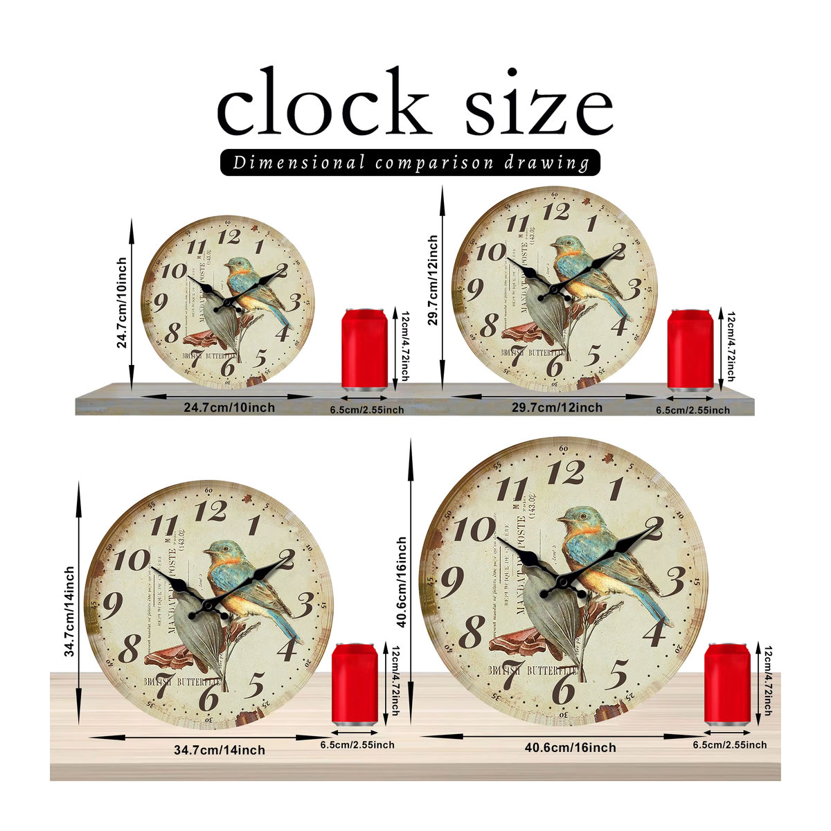 Runde Holz-Wanduhr im Landhausstil mit blauem Vogel-Design für Wohnzimmer, Küche und Büro - Bild 2
