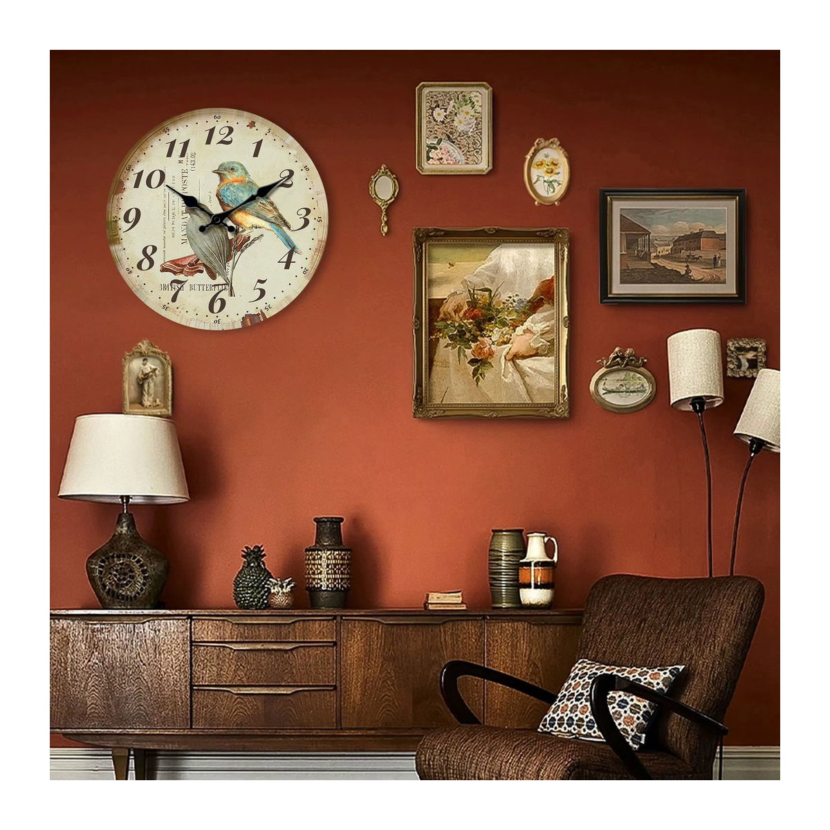Runde Holz-Wanduhr im Landhausstil mit blauem Vogel-Design für Wohnzimmer, Küche und Büro - Bild 3