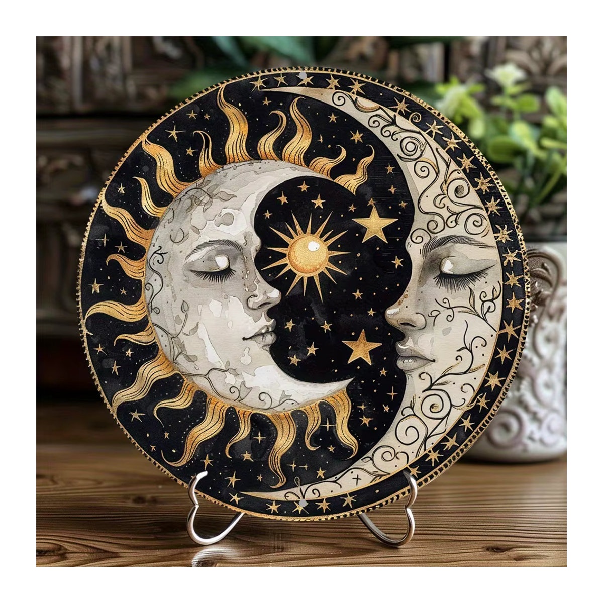 Runde Metall-Dekorationsschilder Sonne und Mond aus Aluminium für Wand und Tisch, Durchmesser: 20 cm - Bild 2