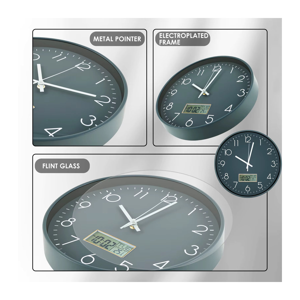 Runde Wanduhr mit ewigem Kalender und Temperaturanzeige, batteriebetrieben, Schwarz, 11,6 Zoll - Bild 4