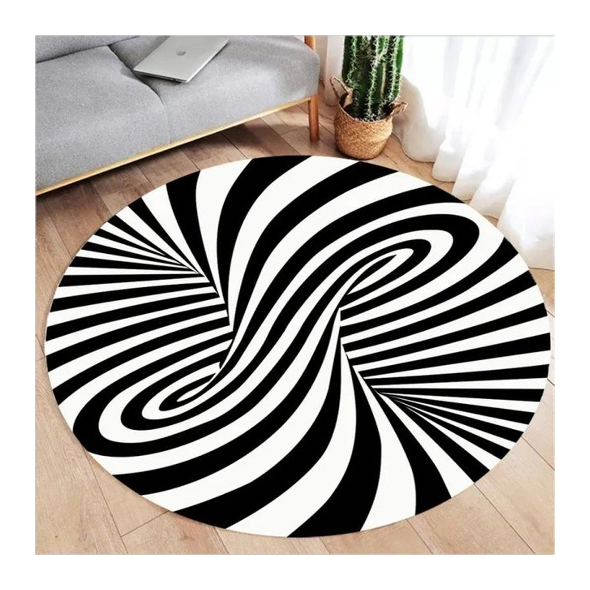 Runder 3D Vortex Illusion Teppich von Wucifang Jewelry in Schwarz-Weiß, Durchmesser: 60 cm - Bild 1