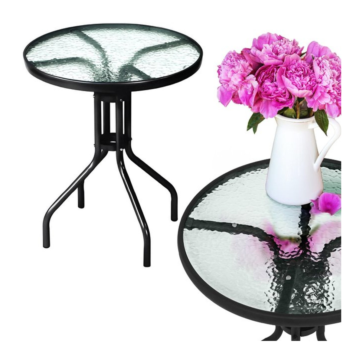 Runder Gartentisch für Balkon und Terrasse aus Metall und Glas in Schwarz, Durchmesser: 60 cm, Höhe: 70 cm - Bild 1