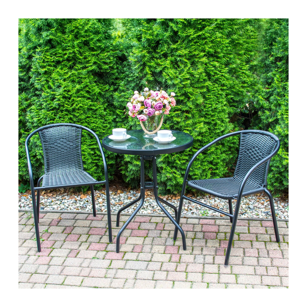 Runder Gartentisch für Balkon und Terrasse aus Metall und Glas in Schwarz, Durchmesser: 60 cm, Höhe: 70 cm - Bild 3