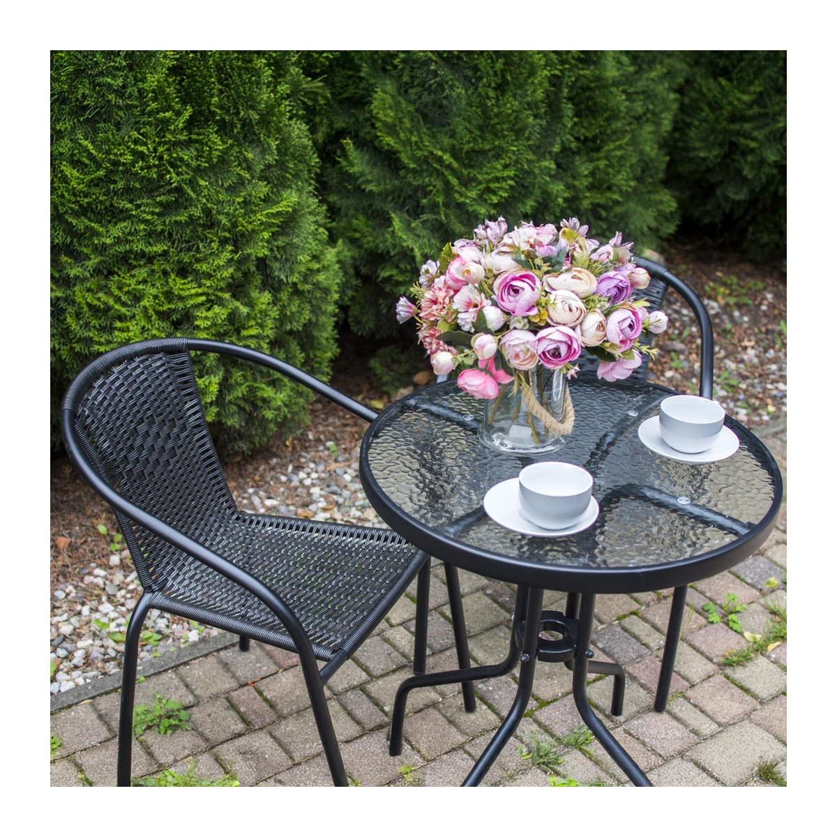 Runder Gartentisch für Balkon und Terrasse aus Metall und Glas in Schwarz, Durchmesser: 60 cm, Höhe: 70 cm - Bild 5