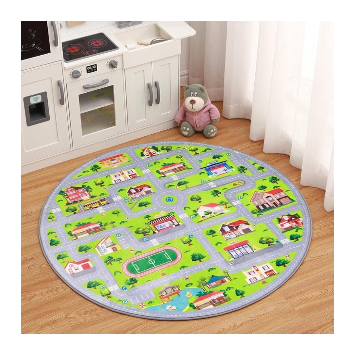 Runder Kinder Teppich mit Verkehrsstraßen-Motiv als pädagogische Krabbelmatte, weich und rutschfest, B/B: 80 x 80 cm - Bild 1