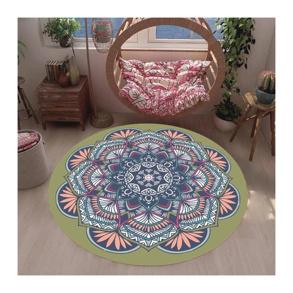 Runder Lodestar Druckteppich mit buntem Mandala-Blumendesign im Boho-Stil, Durchmesser: 40 cm - Bild 1
