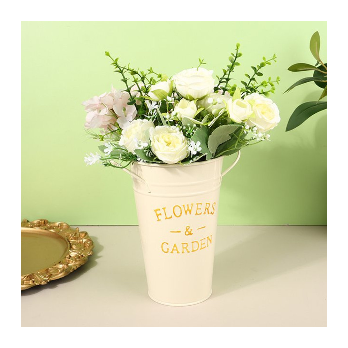 Runder Metall-Blumeneimer aus Eisen mit Griffen als Dekovase für Schnittblumen, Durchmesser: 20 cm, Höhe: 20 cm - Bild 1