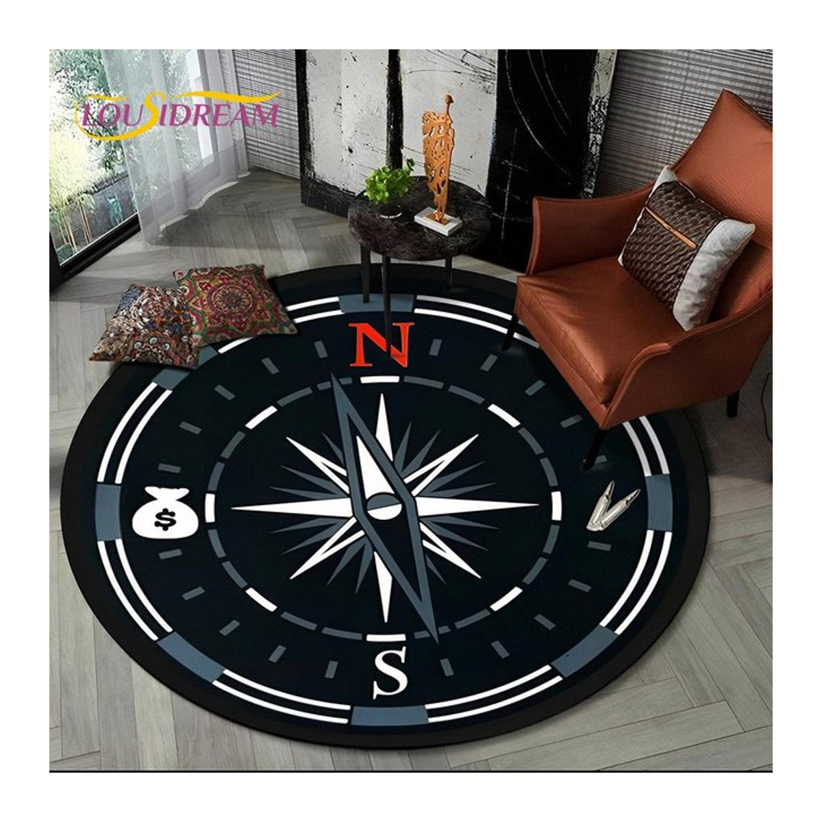Runder Teppich 3D Retro Kompass Serie als rutschfeste Bodenmatte für Wohnzimmer und Schlafzimmer Durchmesser: 60 cm - Bild 1