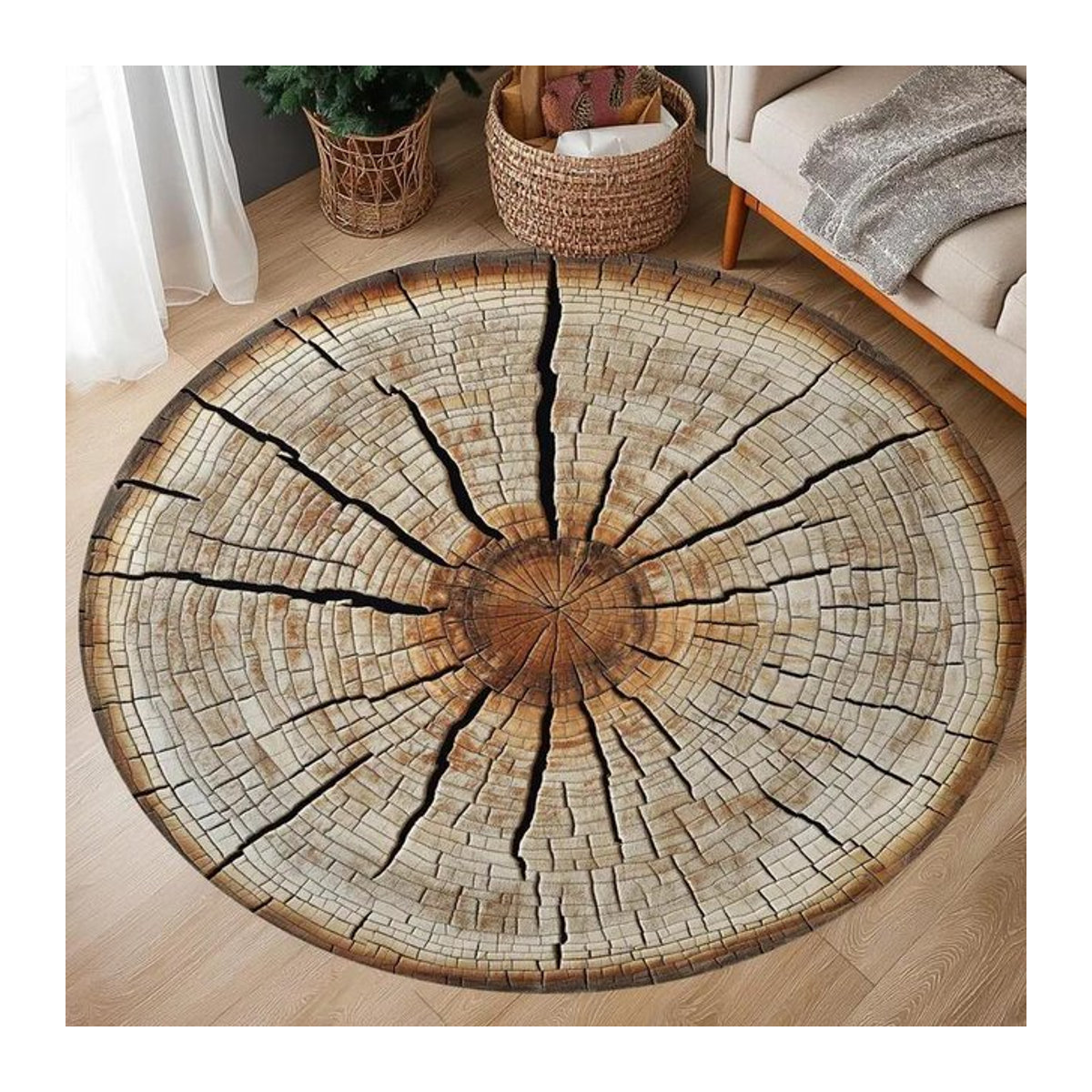 Runder Teppich im natürlichen Baumring-Design von Wucifang Jewelry mit Holzriss-Optik, Durchmesser: 120 cm - Bild 1